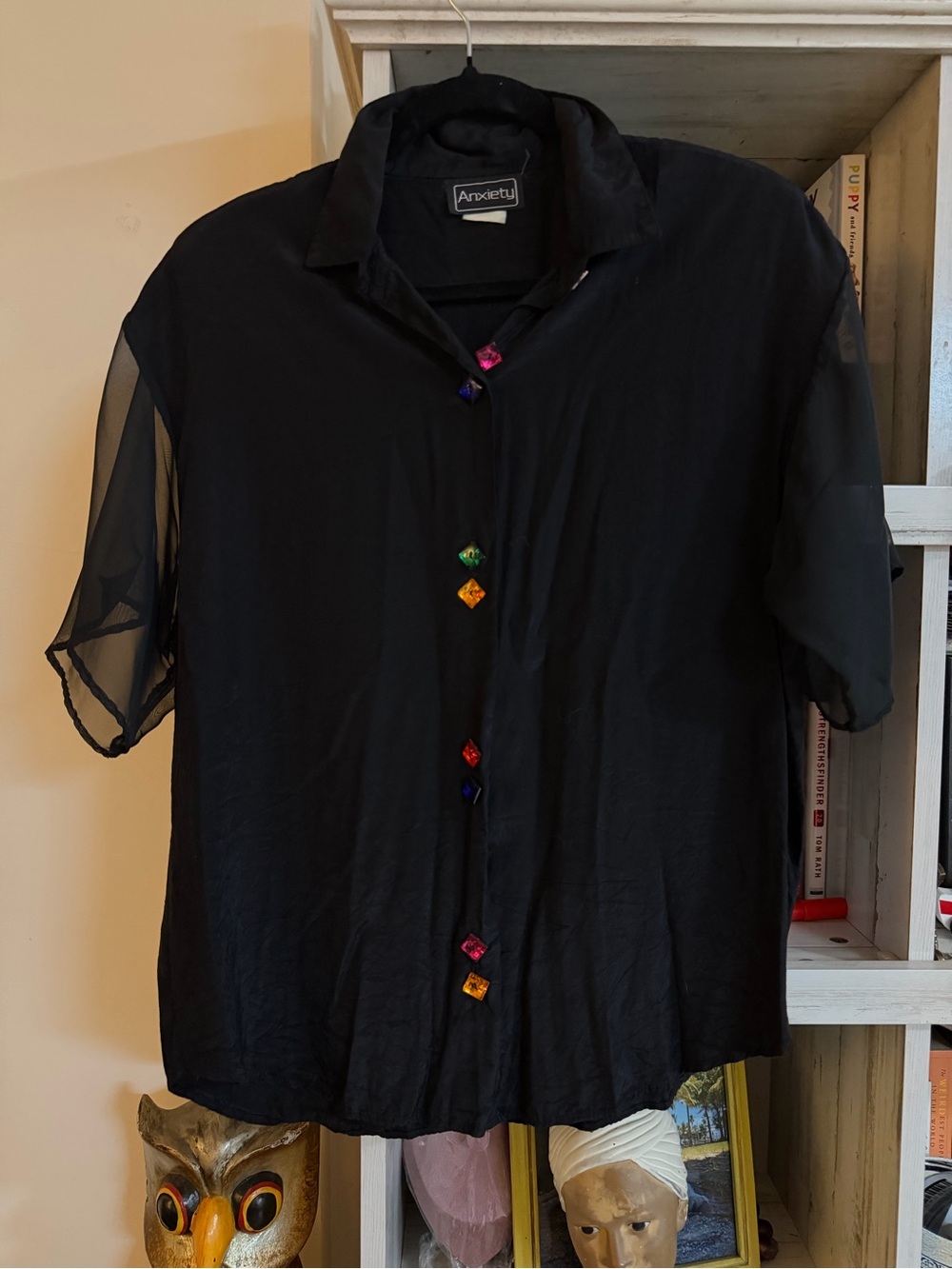 Anxiety Black Button-Up Blouse with Colorful Jewel Buttons size L